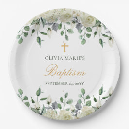 ホワイトフローラ緑シンプルのモダン洗礼 ペーパープレート