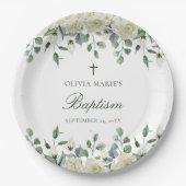 ホワイトフローラ緑シンプルのモダン洗礼 ペーパープレート (正面)