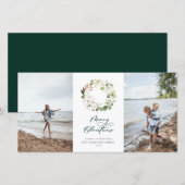 ホワイトフローラ緑リースクリスマスフォト シーズンカード (正面/裏面)