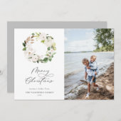 ホワイトフローラ緑リースクリスマスフォト シーズンカード (正面/裏面)