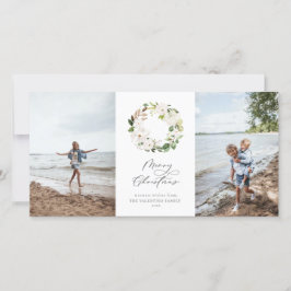ホワイトフローラ緑リースクリスマスフォト シーズンカード