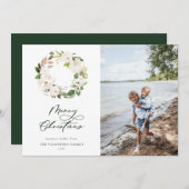 ホワイトフローラ緑リースクリスマスフォト シーズンカード (正面/裏面)