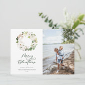 ホワイトフローラ緑リースクリスマスフォト シーズンカード (スタンド正面)