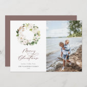 ホワイトフローラ緑リースクリスマスフォト シーズンカード (正面/裏面)