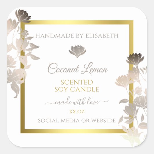 ホワイトフローラ製品パッケージングラベル金ゴールドフレーム スクエアシール (正面)