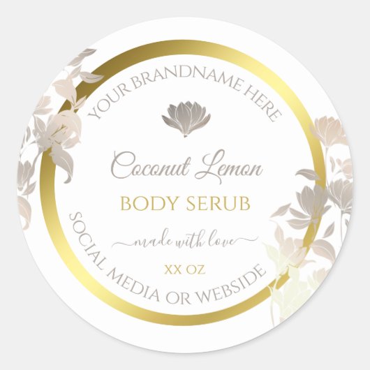 ホワイトフローラ製品パッケージングラベル金ゴールドフレーム ラウンドシール (正面)