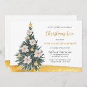 ホワイトフローラ金ゴールドオーナメントクリスマスツリーパーティーイン 招待状 (正面/裏面)