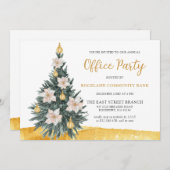 ホワイトフローラ金ゴールドオーナメントクリスマスツリーパーティー 招待状 (正面/裏面)