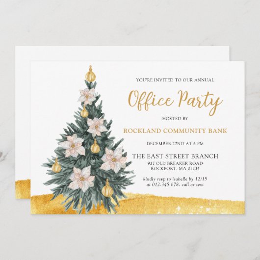 ホワイトフローラ金ゴールドオーナメントクリスマスツリーパーティー 招待状 (正面/裏面)