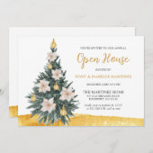 ホワイトフローラ金ゴールドオーナメントクリスマスツリーパーティー 招待状 (正面/裏面)