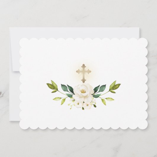 ホワイトフローラ金ゴールドクロスカットフォト聖餐式 招待状 (裏面)
