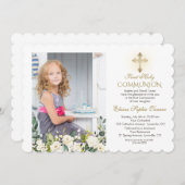 ホワイトフローラ金ゴールドクロスカットフォト聖餐式 招待状 (正面/裏面)