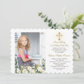 ホワイトフローラ金ゴールドクロスカットフォト聖餐式 招待状 (スタンド正面)