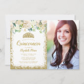 ホワイトフローラ金ゴールドグリッターティアラキンセアニェラ写真 招待状 (正面)