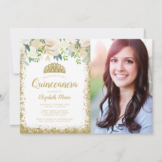 ホワイトフローラ金ゴールドグリッターティアラキンセアニェラ写真 招待状 (正面)