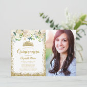 ホワイトフローラ金ゴールドグリッターティアラキンセアニェラ写真 招待状 (スタンド正面)