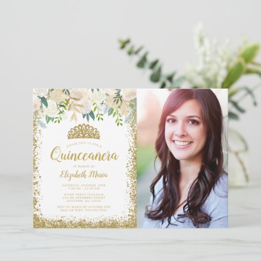 ホワイトフローラ金ゴールドグリッターティアラキンセアニェラ写真 招待状 (スタンド正面)