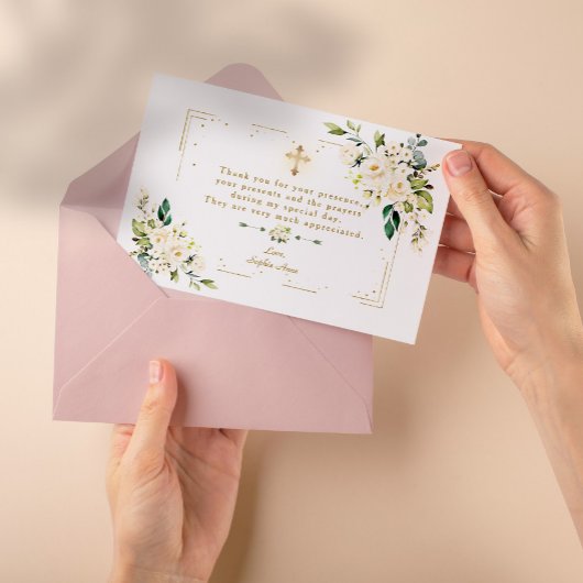 ホワイトフローラ金ゴールドグリッターフレームクロスガールバプテスマ サンキューカード