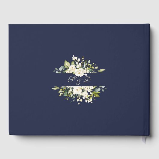 ホワイトフローラ金ゴールドグリッターフレームネイビー結婚ズ ゲストブック (裏面)