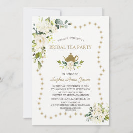 ホワイトフローラ金ゴールドグリッターブライダルシャワーティーパーティー 招待状