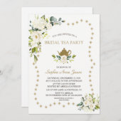 ホワイトフローラ金ゴールドグリッターブライダルシャワーティーパーティー 招待状 (正面/裏面)