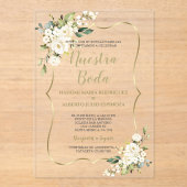 ホワイトフローラ金ゴールドスペインのヌエストラボダカリグラフィー アクリル招待状 (正面)