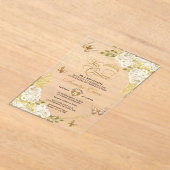 ホワイトフローラ金ゴールドティアラバタフライミーキンセアニラ アクリル招待状 (レイダウン)