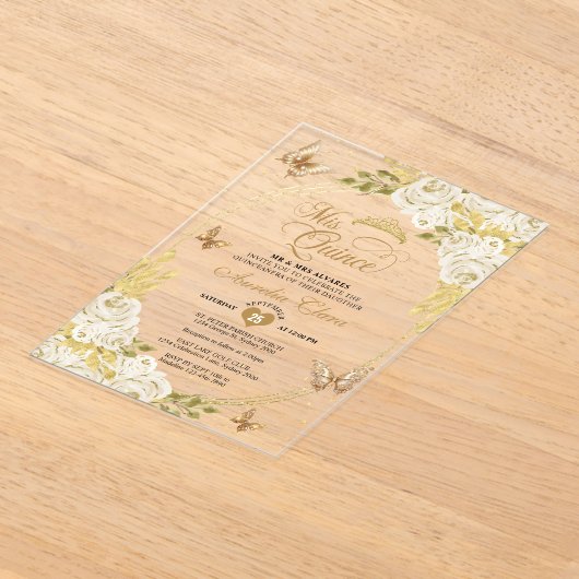 ホワイトフローラ金ゴールドティアラバタフライミーキンセアニラ アクリル招待状 (レイダウン)