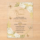 ホワイトフローラ金ゴールドティアラバタフライミーキンセアニラ アクリル招待状 (正面)