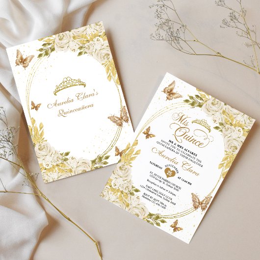 ホワイトフローラ金ゴールドティアラバタフライミーキンセアニラ 招待状