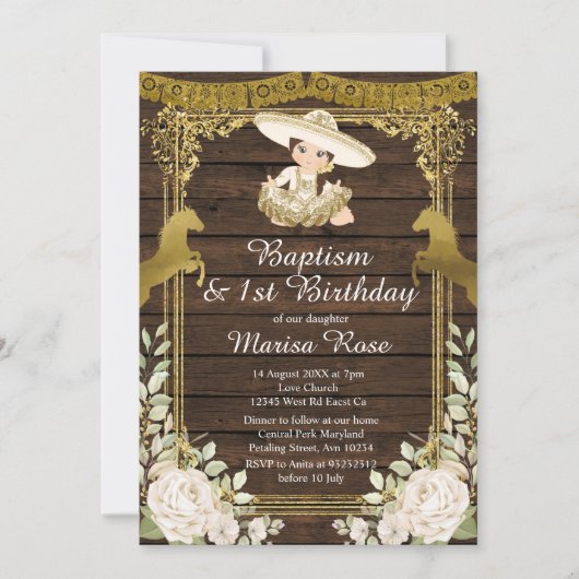 ホワイトフローラ金ゴールドフィエスタガールバプテスマ《キリスト教》洗礼式や命名式 招待状 (正面)