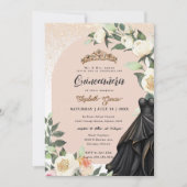 ホワイトフローラ金ゴールドブラックドレスキンセアニェラ誕生日 招待状 (正面)