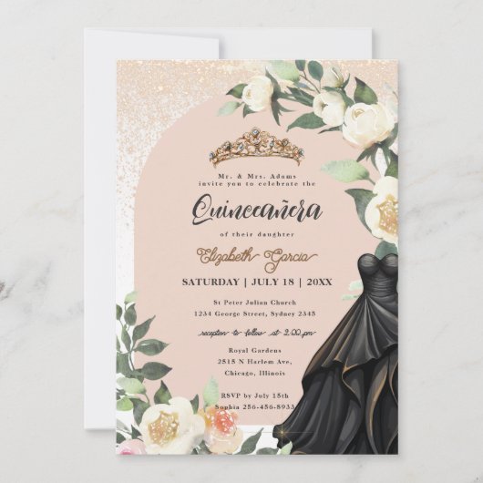 ホワイトフローラ金ゴールドブラックドレスキンセアニェラ誕生日 招待状 (正面)