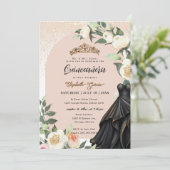 ホワイトフローラ金ゴールドブラックドレスキンセアニェラ誕生日 招待状 (スタンド正面)