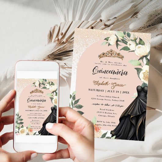 ホワイトフローラ金ゴールドブラックドレスキンセアニェラ誕生日 招待状