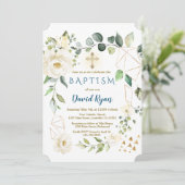 ホワイトフローラ金ゴールド幾何学的クロスボーイバプテスマ 招待状 (スタンド正面)