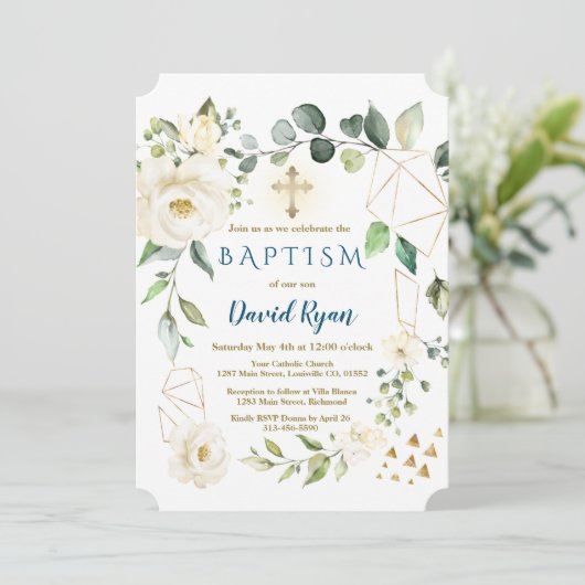 ホワイトフローラ金ゴールド幾何学的クロスボーイバプテスマ 招待状 (スタンド正面)