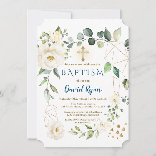 ホワイトフローラ金ゴールド幾何学的クロスボーイバプテスマ 招待状 (正面)