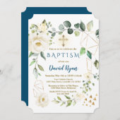 ホワイトフローラ金ゴールド幾何学的クロスボーイバプテスマ 招待状 (正面/裏面)