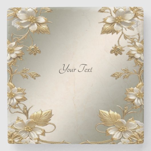 ホワイトフローラ金ゴールド華美ストーンコースター ストーンコースター (正面)