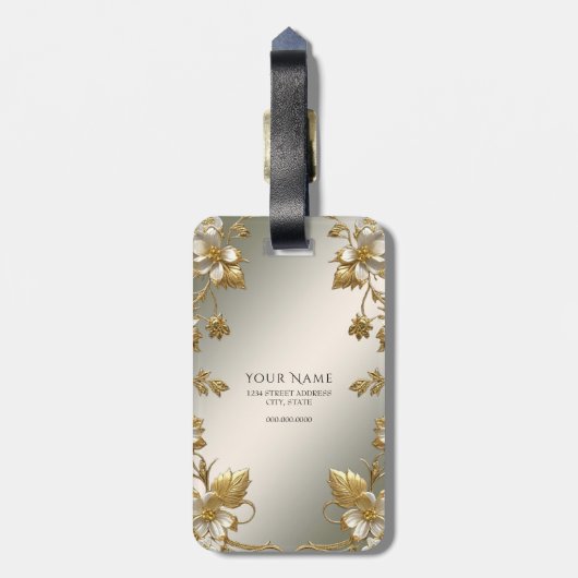 ホワイトフローラ金ゴールド華美ラゲージタグ ラゲッジタグ (裏面縦)