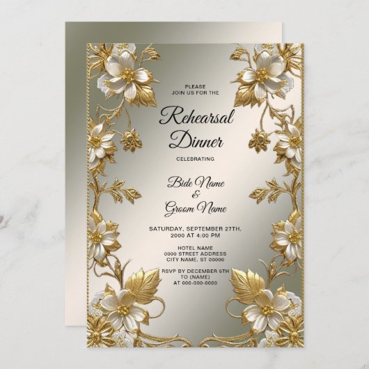 ホワイトフローラ金ゴールド華美リハーサルディナー 招待状 (正面/裏面)