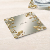 ホワイトフローラ金ゴールド華美紙コースター スクエアペーパーコースター (アングル)
