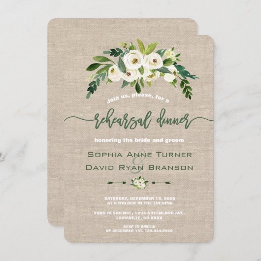ホワイトフローラBurlap手書きリハーサルディナー 招待状 (正面/裏面)
