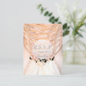 ホワイトブライダルドレスとバラウェディングRSVP インビテーションポストカード (スタンド正面)