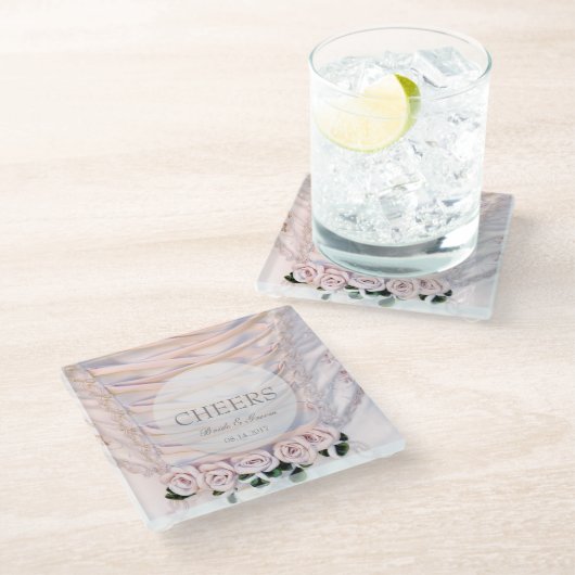 ホワイトブライダルドレスとバラ結婚の応援 ガラスコースター (アングル)