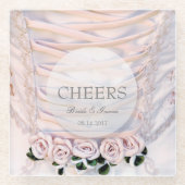 ホワイトブライダルドレスとバラ結婚の応援 ガラスコースター (正面)