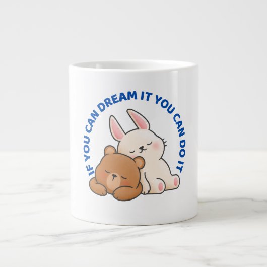 ホワイトブラウンかわいいウサギとベアーマグ ジャンボコーヒーマグカップ (正面)