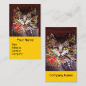 ホワイトブラウンキティ猫ポートレート、赤いリボンイエロー 名刺 (正面/裏面)