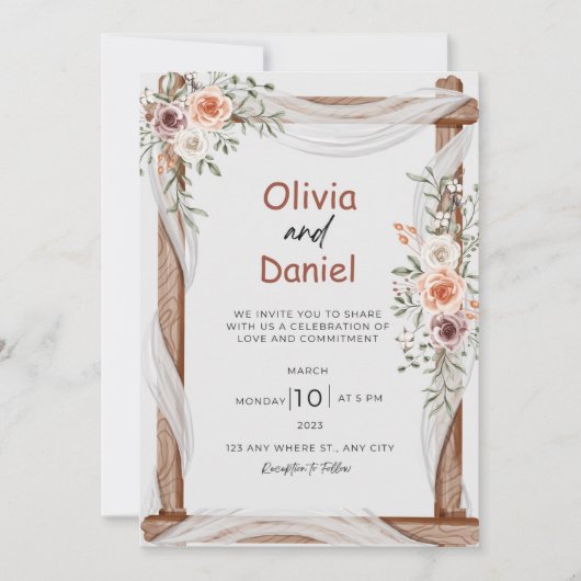 ホワイトブラウン素朴フローラ結婚ズ 招待状 (正面)